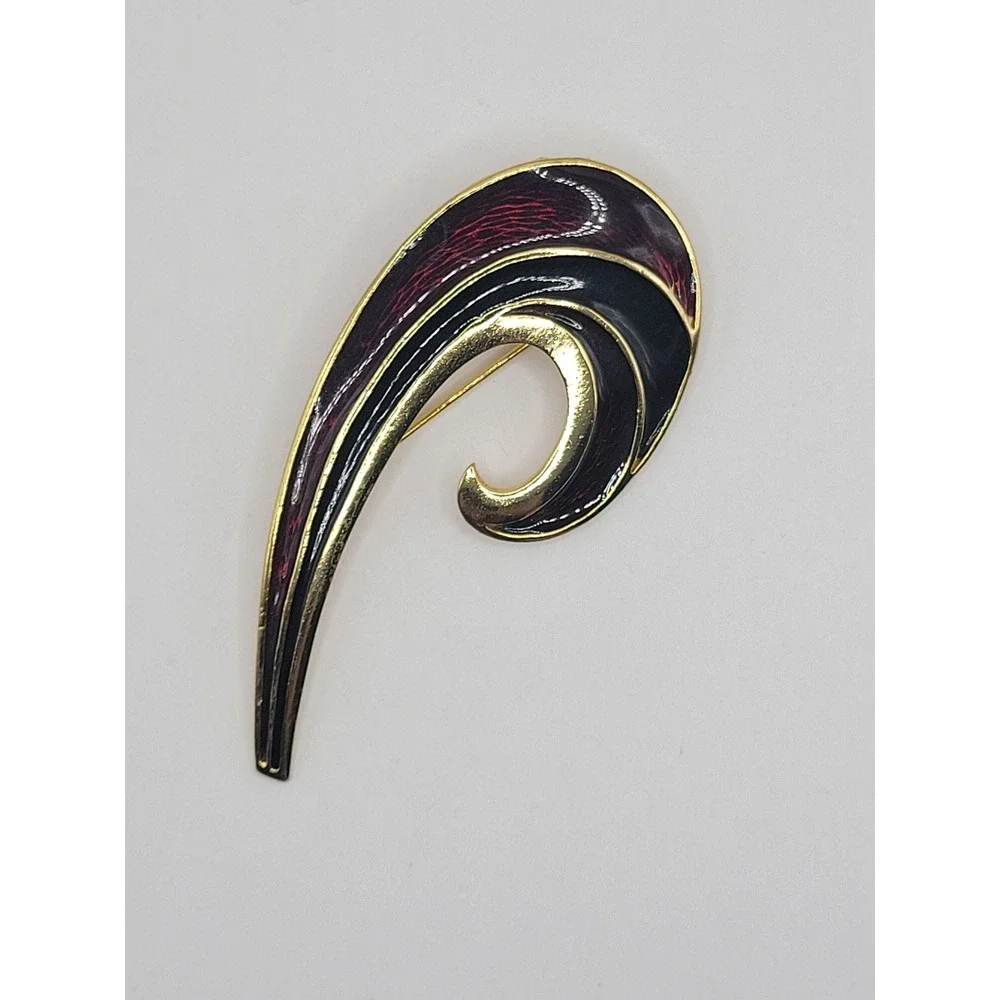 Vintage Gold Tone Abstract Swirl Brooch Burgundy Red‎ Black Enamel Wave Pin